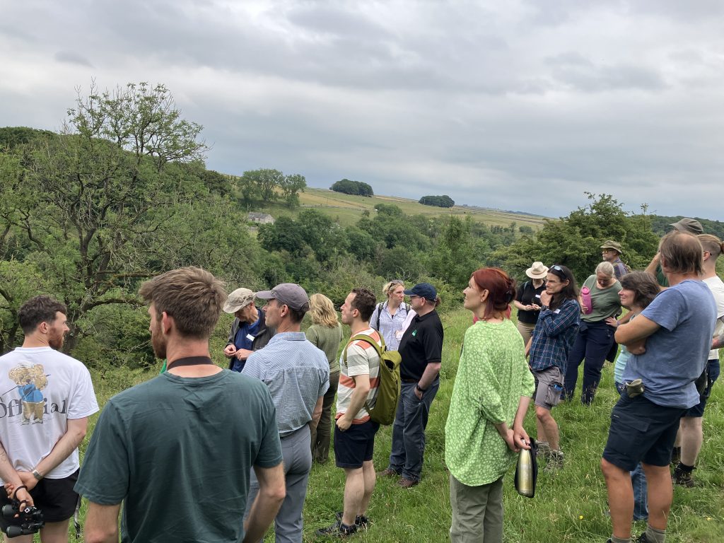 Group of people in a farmers field, looking out over a steep wooded dale.
